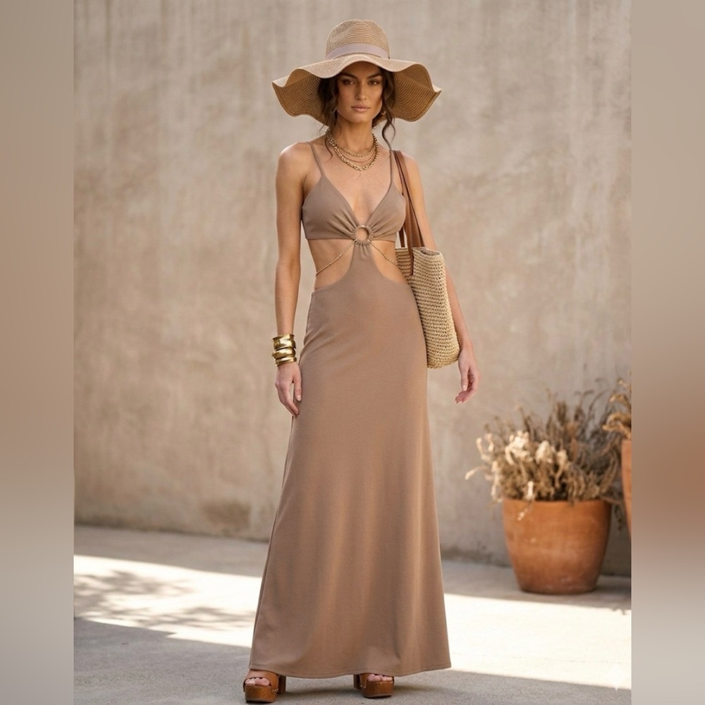 DUNDAS x REVOLVE Jade Maxi Dress Cut out Chain V neck Sexy in Sand Medium
